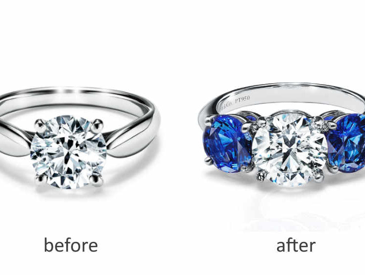 Resetting a diamond ring by adding color gemstone: before after
