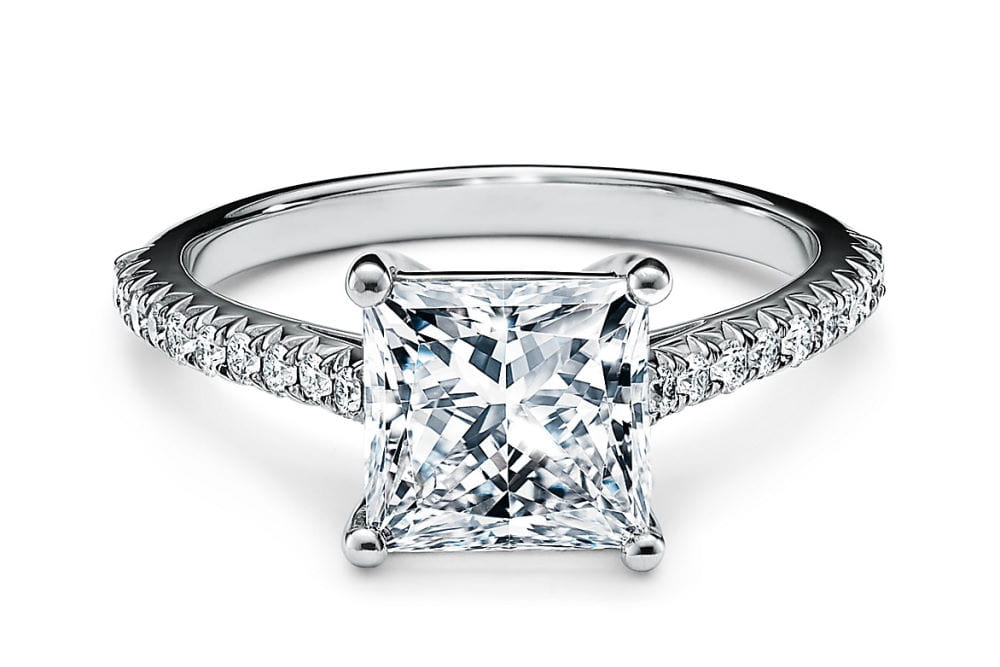 F-Image via Tiffany - princess cut engagement ring with a pavé diamond platinum band