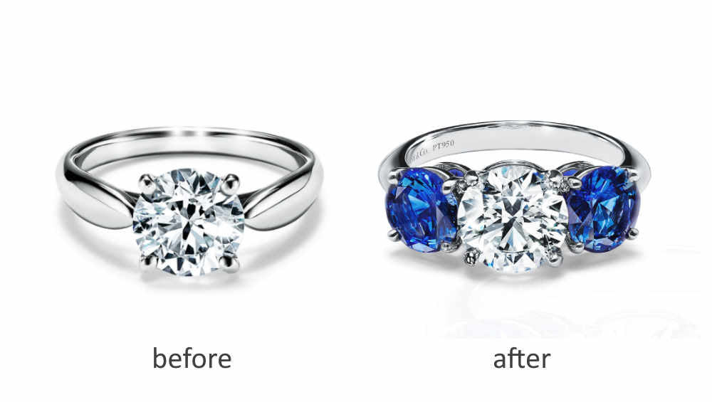 Resetting a diamond ring by adding color gemstone: before after